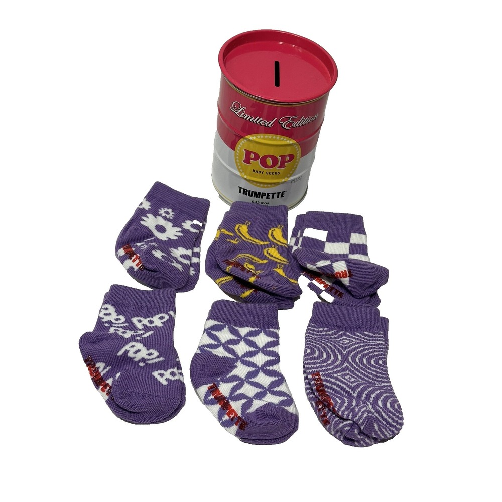 limited edition pop baby girls socks 6 pairs plus coin bank tin 0-12 months